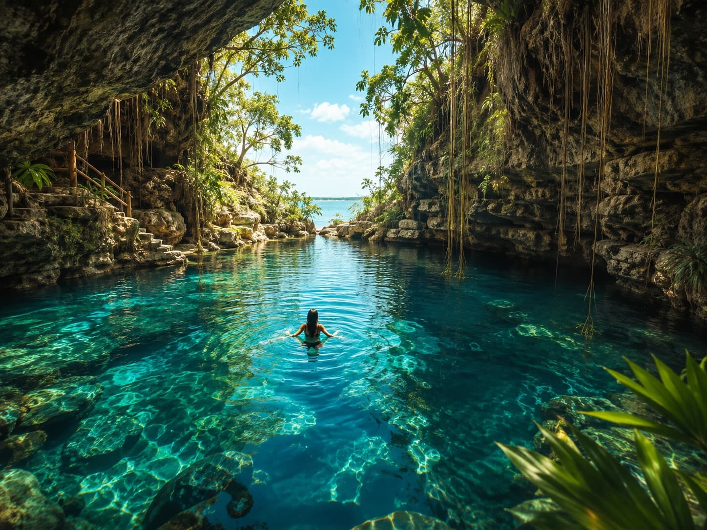 Cenote en la Riviera Maya rodeado de naturaleza